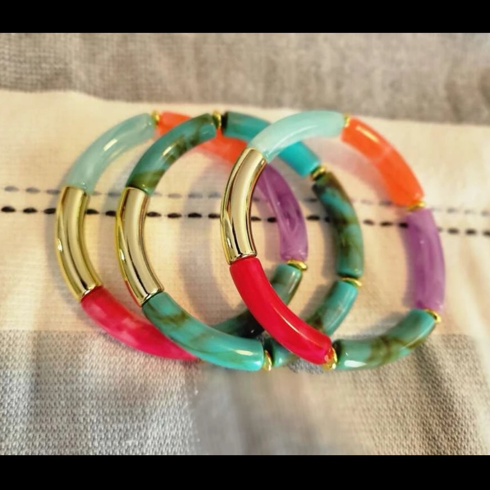 NWT 5/$25 Boho Boutique Turquoise Tube Bead Gold Tone Stretch Stacking Bracelet
